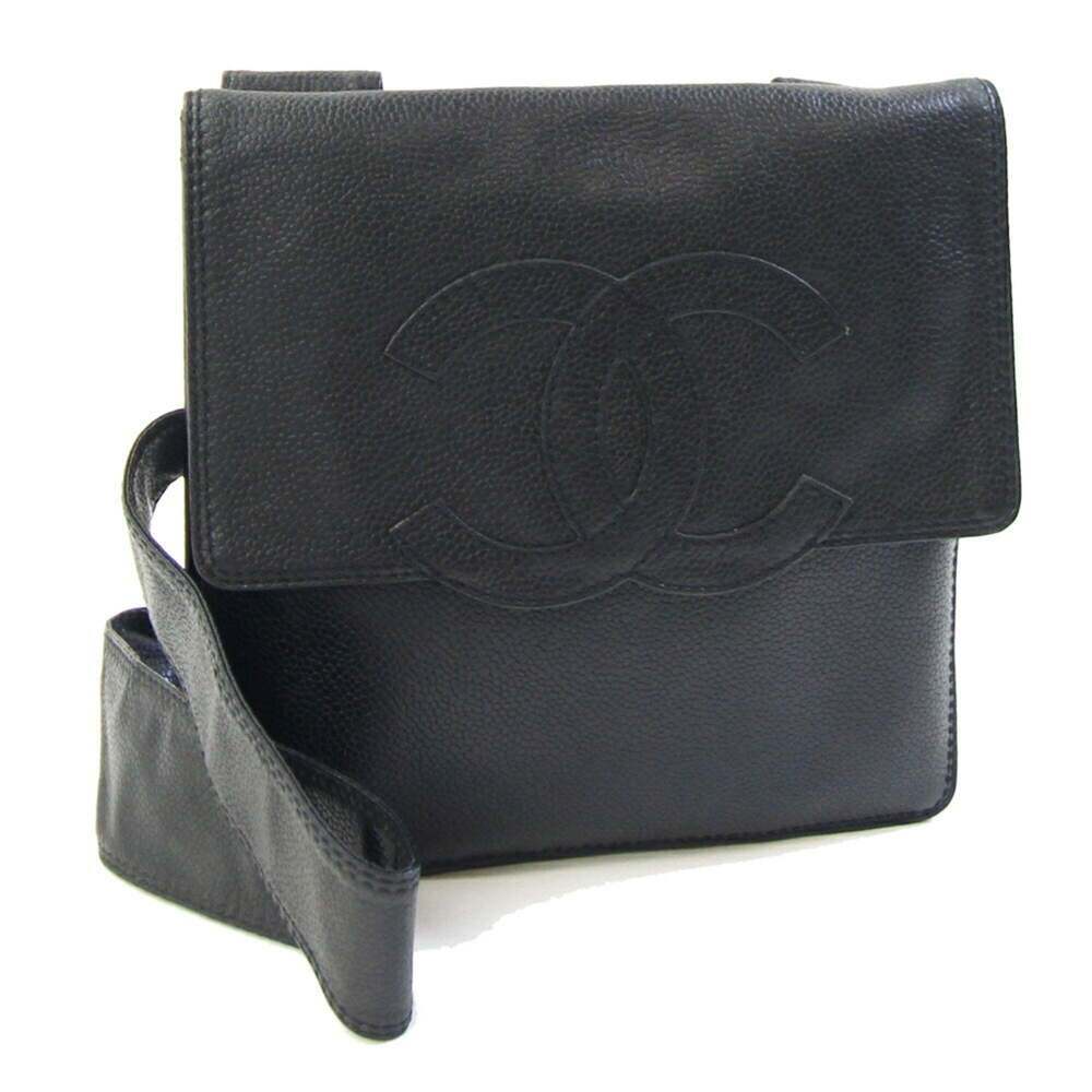 CHANEL Black Caviar Leather Logo Shoulder Bag